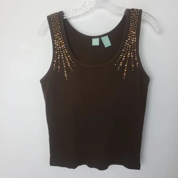 STO Women's Chocolate Sequined Scoop Neck Cotton Shell Shirt Blouse Tank Top - Picture 11 of 11